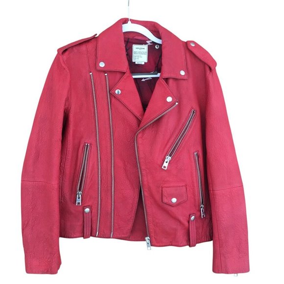 Zadig & Voltaire Women's Size Large Liya Cuir Moto Biker Leather Jacket Red - Picture 3 of 16